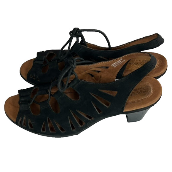 Cobb Hill Rockport Heeled Sandals Women's 9W Lace Up Black Leather Open Toe - Picture 1 of 11